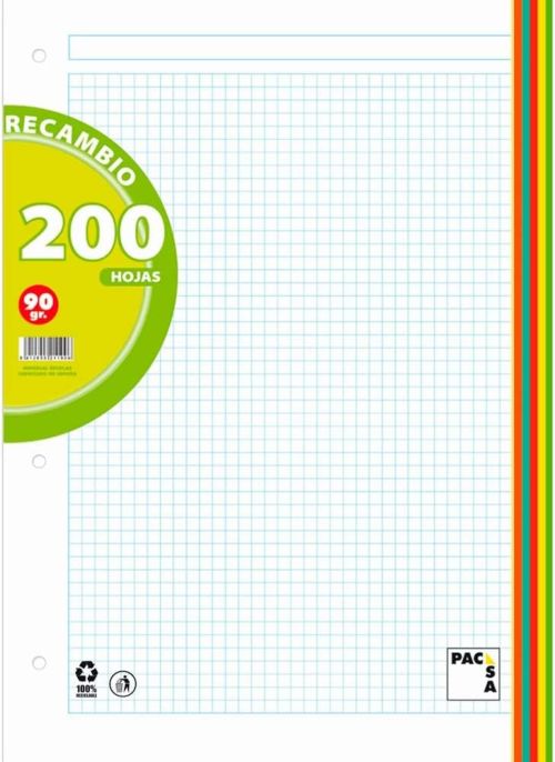 [21190] Recambio a4 200h 4 taladros 90g cuad.5x5 + greca 4 colores