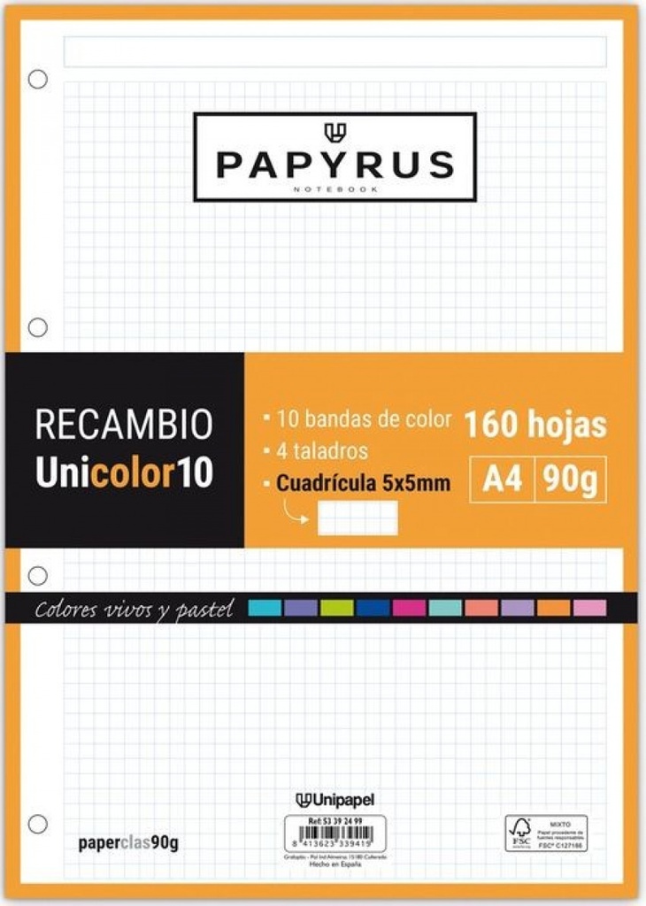 Recambio uni10 a4 160h 90g 4 taladros cuadricula 5x5 10 colores de banda tonos vivos y pastel