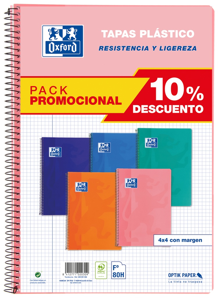 Pack 5 cuaderno espiral Fº 80h 90g. cuadrícula 4x4 c/m tapa plástico colores tendencia