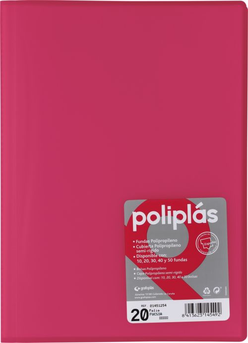 [1451254] GRAFOPLÁS CARPETA POLIPLÁS DE POLIPROPILENO TRANSLÚCIDO CON 20 FUNDAS SOLDADAS FOLIO FUCSIA