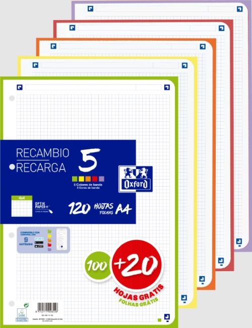 [400174182] Recambio 5 multicolor a4 100+20h 90g 4 taladros cuadrícula 4x4 con 5 colores de banda vivos