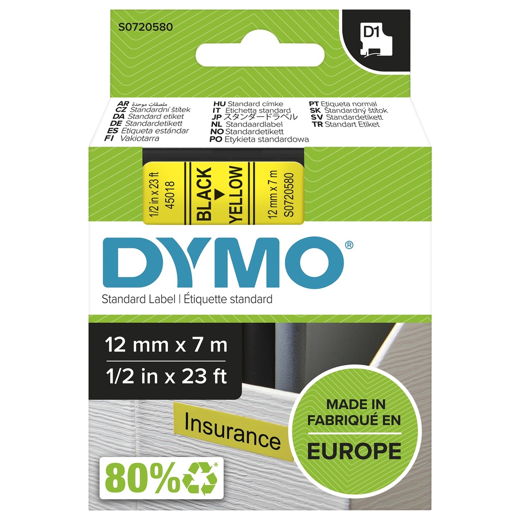 [S0720580] Cinta dymo d1 12mmx7m negro/amarillo
