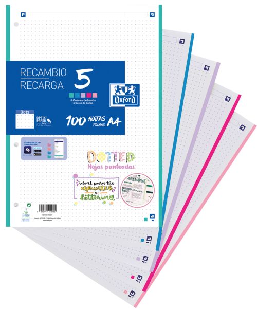 [400162337] Recambio 5 multicolor a4 100h 90g 4 taladros dots con 5 colores de banda pastel