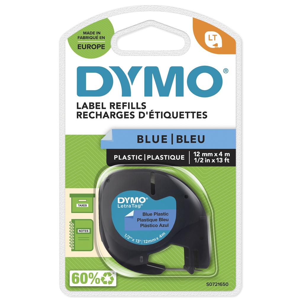 [S0721650] CINTA DYMO LETRATAG PLASTICO NEGRO/AZUL 12MMX4M.