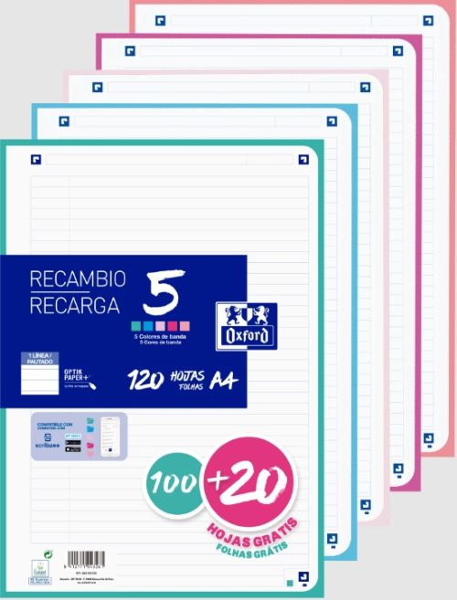 [400159876] Recambio 5 multicolor a4 100+20h 90g 4 taladros 1horizont con 5 colores de banda pastel