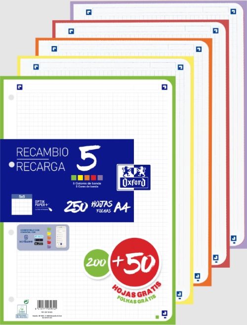 [400150903] Recambio 5 multicolor A4 250h 90g 4 taladros cuadricula 5x5 con 5 colores de banda vivos