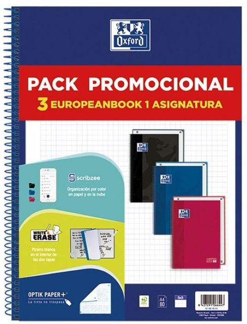[400195024] Pack 3 cuaderno espiral europeanbook1 a4 80h 90g. cuadricula 5x5mm microperforado colores vivos
