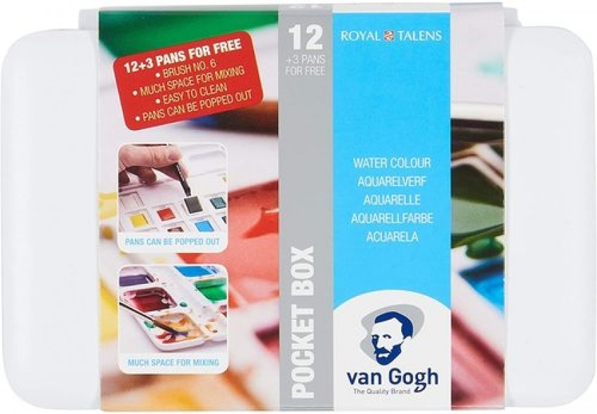 [20808632] Estuche 12 pastillas acuarela van gohg pocket box + 1 pincel nº6 y recipiente compacto para mezclas + 3 colores de regalo