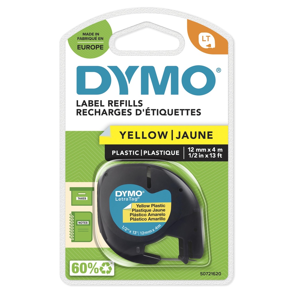 CINTA DYMO LETRATAG PLASTICO NEGRO/AMARILLO 12MMX4M.