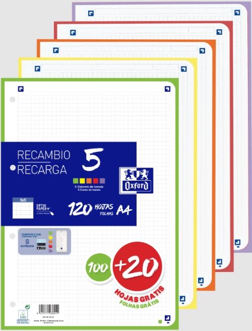 [400148310] Recambio multicolor a4 100+20h 90g 4 taladros cuadricula 5x5 con 5 colores de banda vivos
