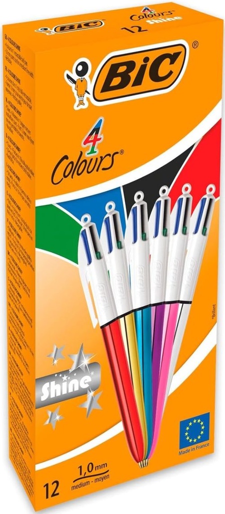 4 Colours Shine Negro, Azul, Verde, Rojo Bolígrafo de punta retráctil con pulsador Medio 12 pieza(s)