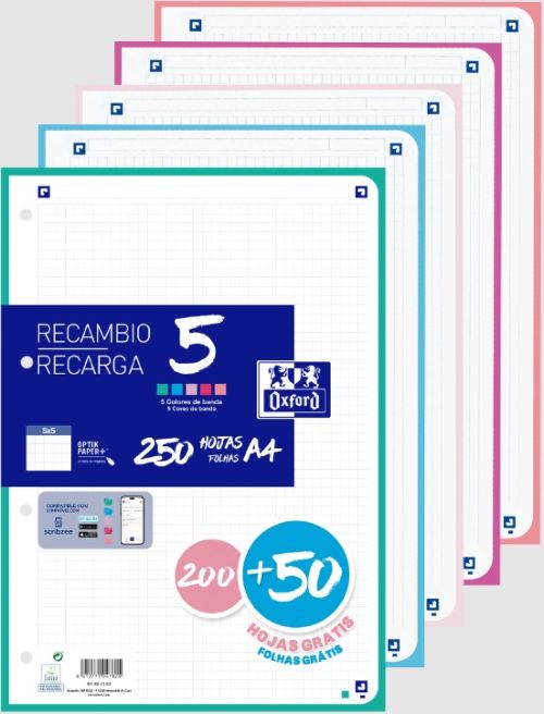 [400173020] Recambio 5 multicolor a4 250h 90g 4 taladros cuadrícula 5x5 con 5 colores de banda pastel