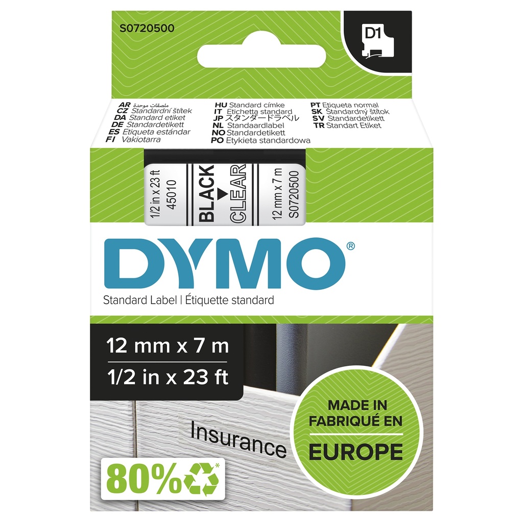 [S0720500] Cinta dymo d1 12mmx7m negro/transparente