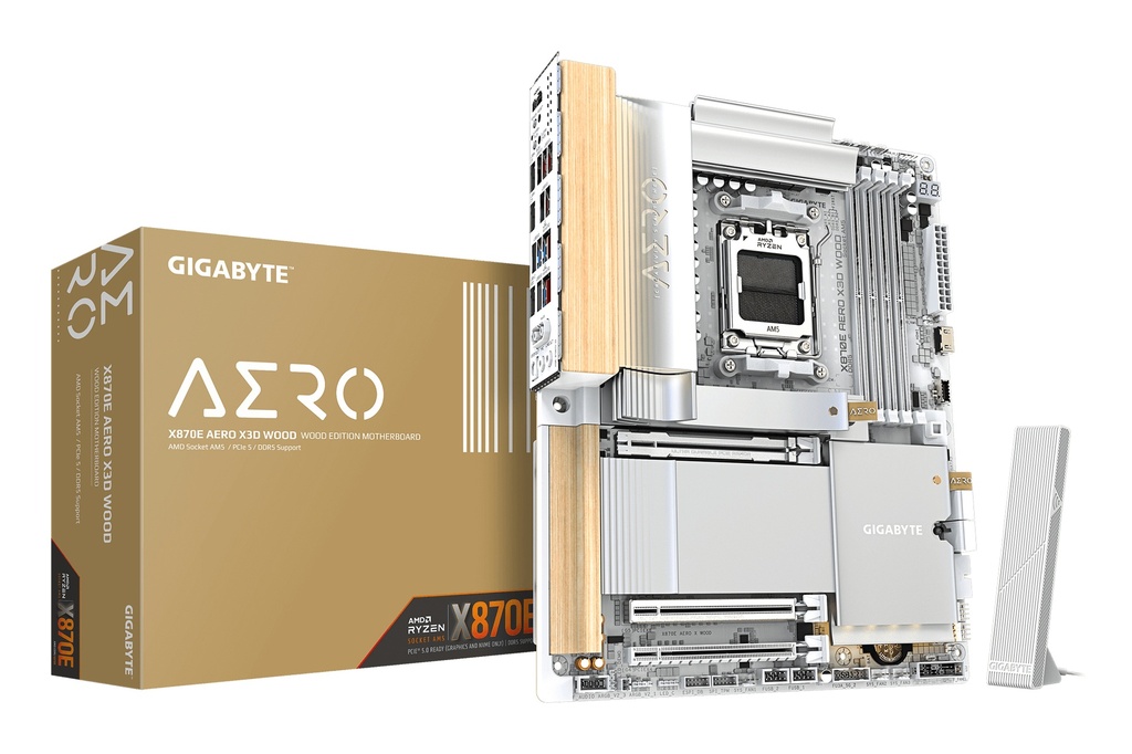 [X870E AERO X WOOD] X870E AERO X3D WOOD Placa Base - Compatible con procesadores AMD Ryzen 9000, VRM digital de 16+2+2 fases, hasta 9000Hz DDR5 (O.C.), 2xPCIe 5.0 + 2xPCIe 4.0, Wi-Fi 7, LAN 5GbE, USB 4