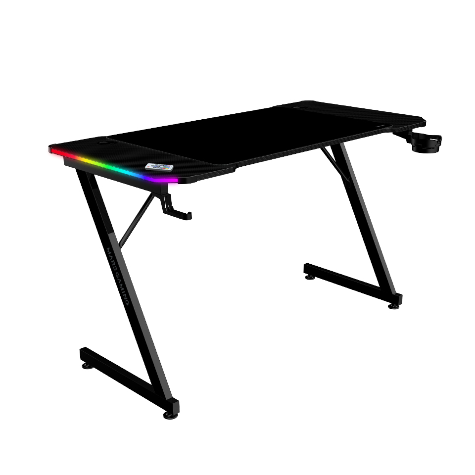 [MGDX120RGB] MGD-X120RGB, Mesa Gaming Ergonómica, Iluminación ARGB con Mando, Fibra de Carbono, Alfombrilla XXL, Soporte Auriculares y Bebida, Gestión Cableado, Escritorio Gaming 120x60cm, Negro