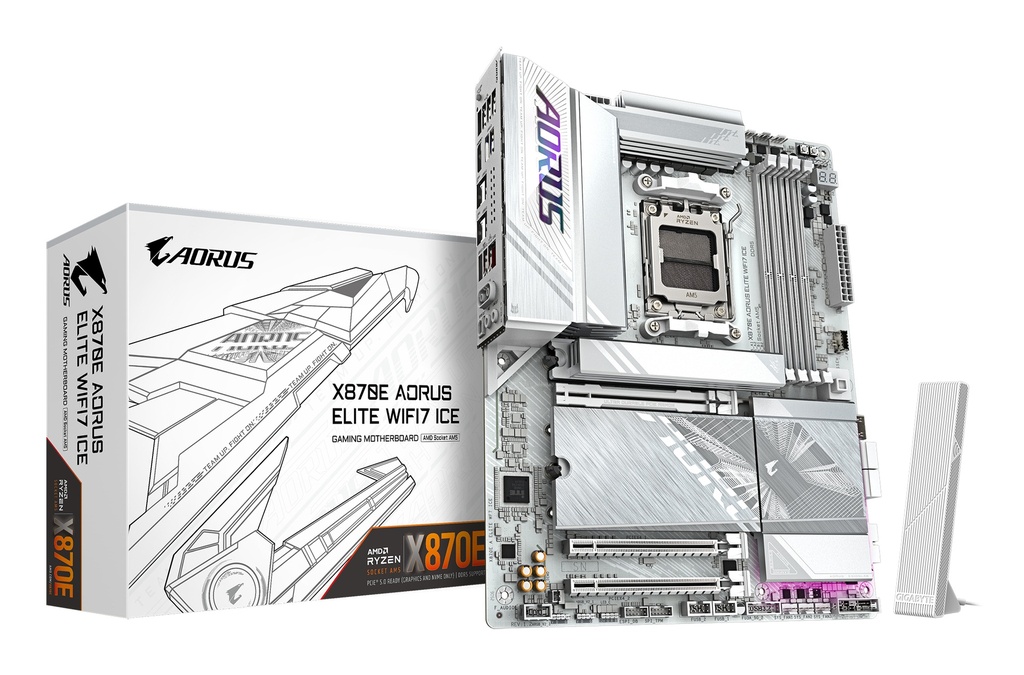 X870E AORUS ELITE WIFI7 ICE Placa base - Soporta procesadores AMD Ryzen 9000, VRM digital de 16+2+2 fases, hasta 8200 MHz DDR5 (O.C.), 3x PCIe 5.0 + 1x PCIe 4.0, Wi-Fi 7, LAN 2.5 GbE, USB 4