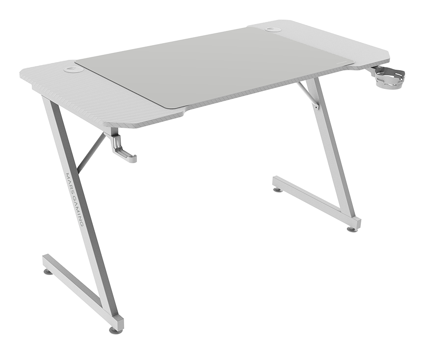 [MGDX120W] MGD-X120, Mesa Gaming Ergonómica, Superficie en Fibra de Carbono, Estructura Metálica, Alfombrilla XXL, Soporte Auriculares y Bebida, Gestión Cableado, Escritorio PC 120x60cm, Blanco
