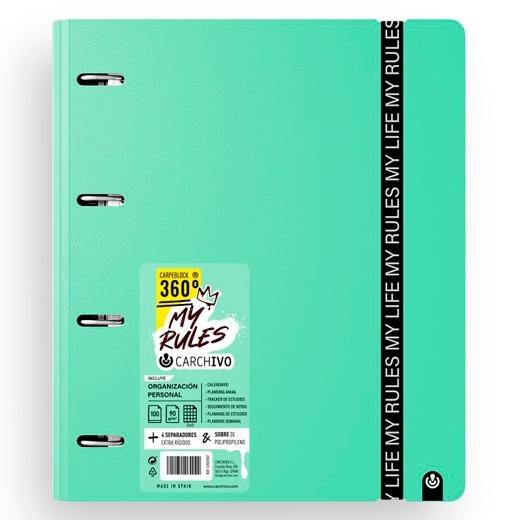 [12477478] CARCHIVO CARPEBLOCK 360 MY RULES CON RECAMBIO 100H A4 5X5 90GR 4 SEPARADORES PP FOAM JADE
