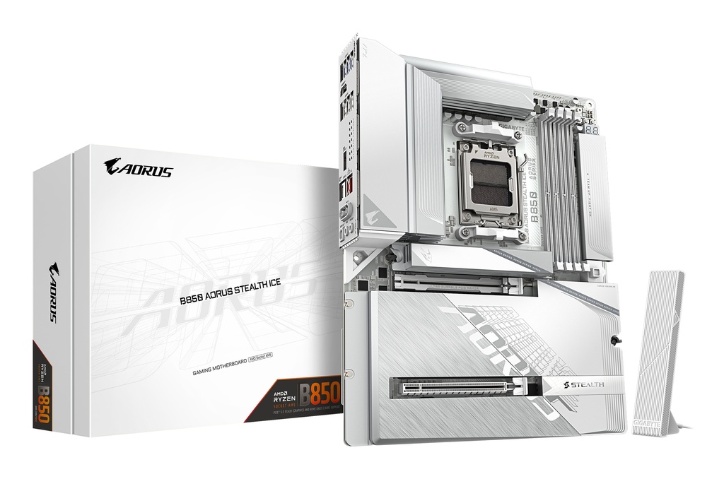 [B850 A STEALTH ICE] B850 AORUS STEALTH ICE Placa Base  Procesadores AMD Ryzen serie 9000, VRM digital de 14+2+2 fases, hasta 8200 MHz DDR5 (OC), 2 x M.2 PCIe 5.0 + 2 x PCIe 4.0, Wi-Fi 7, LAN 5 GbE, USB 3.2 Gen 2