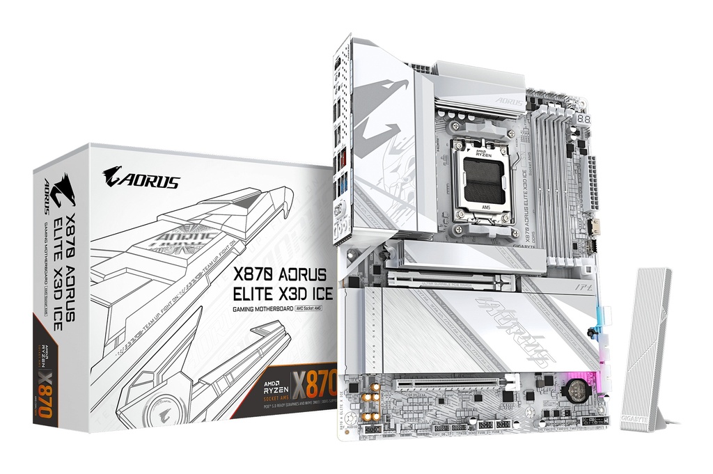 [X870 A ELITE X ICE] X870 AORUS ELITE X3D ICE Placa Base - Compatible con procesadores AMD Ryzen 9000, VRM digital de 16+2+2 fases, hasta 9000Hz DDR5 (OC), 2xPCIe 5.0 + 2xPCIe 4.0, Wi-Fi 7, LAN 2.5GbE, USB 4