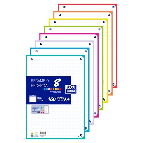 [400207228] Recambio multicolor 8 xl a4 160h 90g. 4 taladros cuadrícula 5x5 con 8 colores de banda
