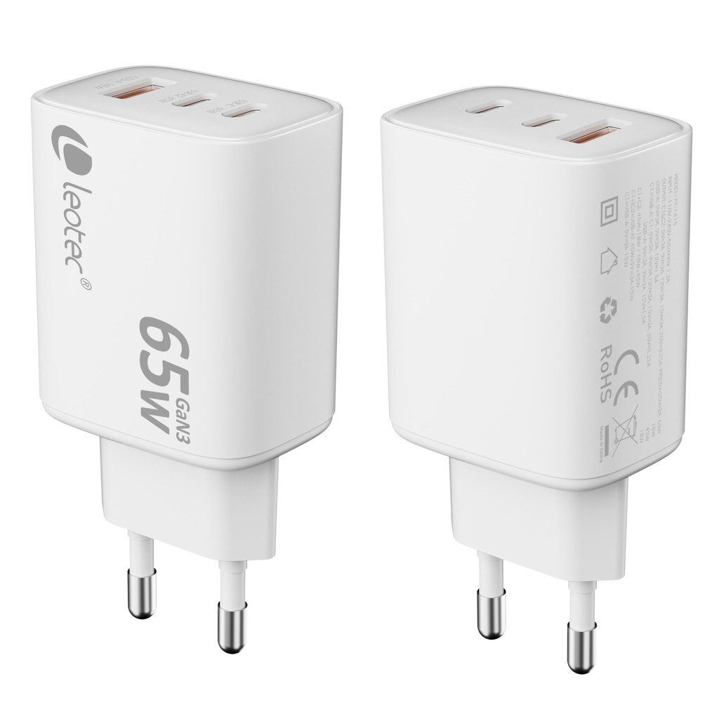 [LECSPH65W3W2] CARGADOR UNIVERSAL 65W GAN ULTRA SLIM 2 USB C PD+1 USB A BLANCO