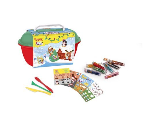 [2205] JOVI COFRE PLAY&FUN 24 PASTILLAS PLASTILINA 15GR + MOLDEADORES + RECORTABLES NAVIDAD