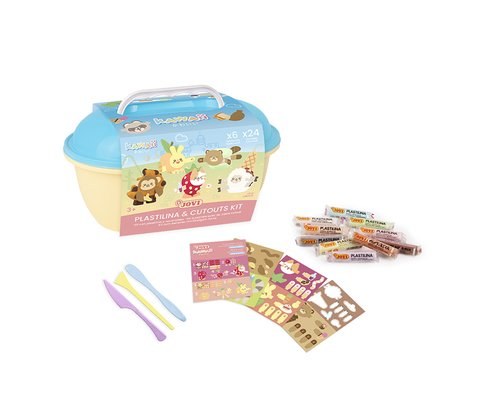 [KW2203] JOVI COFRE KAWAII 24 PASTILLAS PLASTILINA 15GR + TROQUELADO0S + 3 ESPÁTULAS DE COLORES