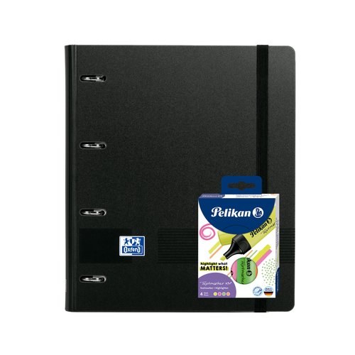 [400205943] OXFORD PACK EUROPEANBINDER LIVE&GO A4+ CON RECAMBIO 5X5 TAPA PLÁSTICO NEGRA + 4 RESALTADORES TEXTMARKER NEÓN SURTIDOS