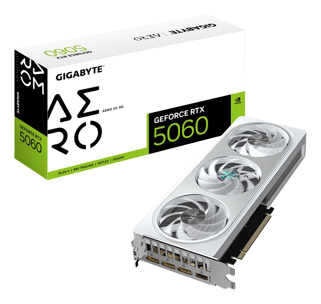 [GV-N5060AERO OC-8GD] GeForce RTX 5060 AERO OC 8G Tarjeta Gráfica - 8GB GDDR7, 128bit, PCI-E 5.0, 2595 MHz Frecuencia del núcleo, 3 x DisplayPort, 1 x HDMI, GV-N5060AERO OC-8GD