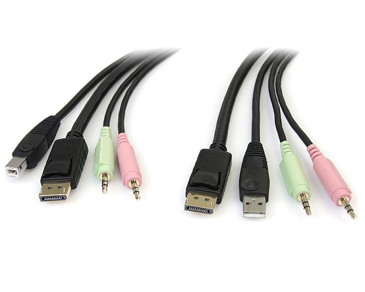 Cable Conmutador KVM USB DisplayPort 4 en 1 c/ Audio y Micrófono - 6 pies