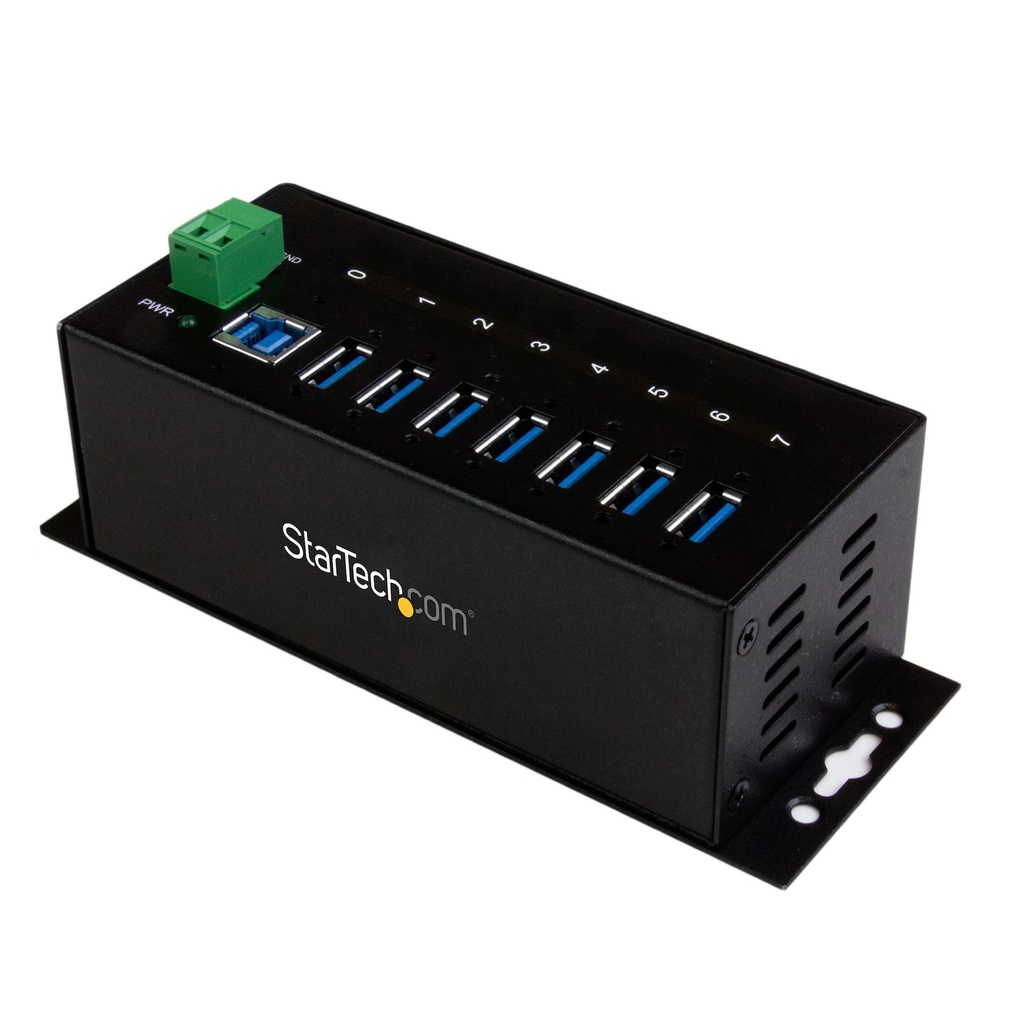 Hub Concentrador USB 3.0 de 7 Puertos - 5Gbps - Ladrón USB Industrial de Metal con Protección ESD y Protección de Picos de 350W - de Montaje en Carril DIN, Pared o Escritorio - TAA
