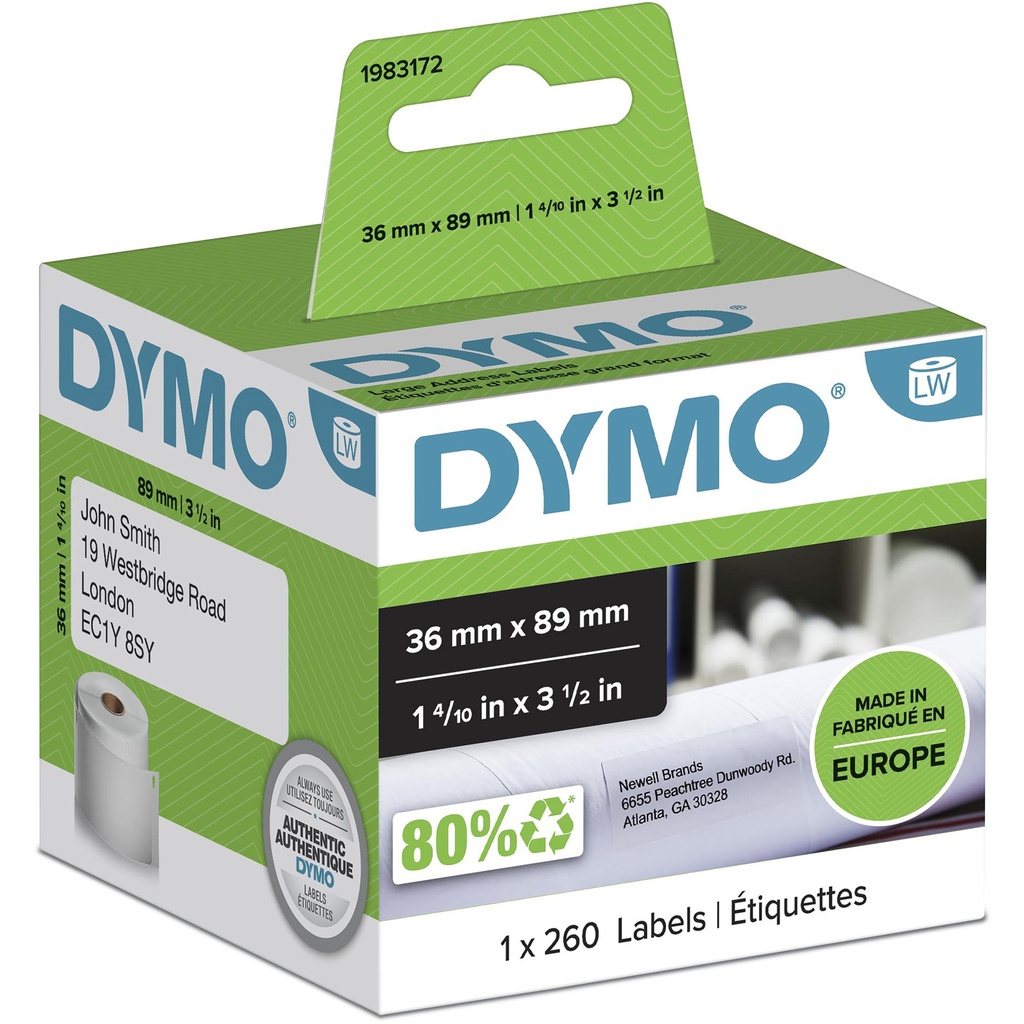 LW etiquetas auténticas grandes de dirección | 36 mm x 89 mm | rollo de 260 etiquetas con reverso fácil de retirar | autoadhesivas | para etiquetadoras LabelWriter
