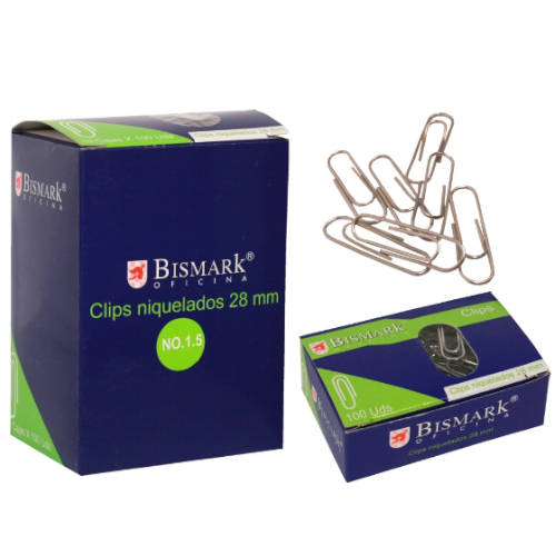 [316866] CAJA 100 CLIPS LABIADOS NIQUELADOS PUNTA REDONDA Nº 1,5 DE 28 MM. BISMARK 316866