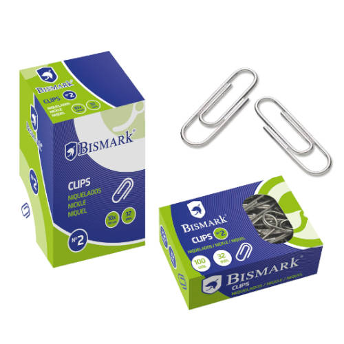 [316865] CAJA 100 CLIPS LABIADOS NIQUELADOS PUNTA REDONDA Nº 2 DE 32 MM. BISMARK 316865