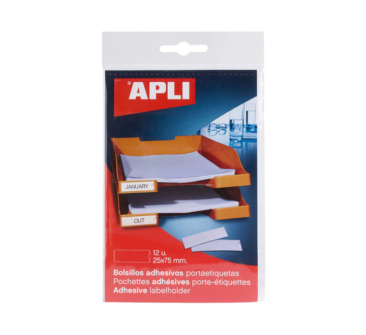 [2616] PACK 12 BOLSILLOS ETIQ. APLI ADH. TRANSP. 25X75MM