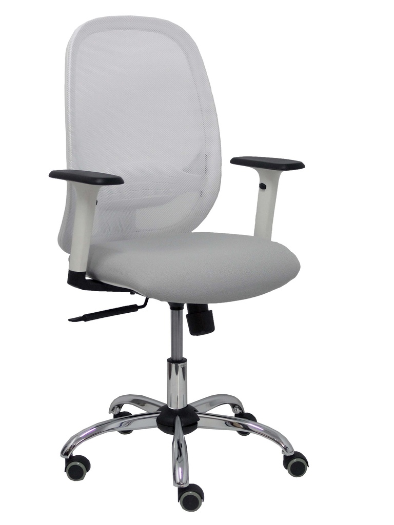 Silla Cilanco blanca malla blanca asiento similpiel gris brazo regulable base cromada ruedas de