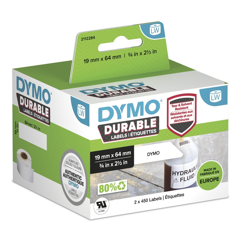 [2112284] LW auténticas etiquetas durables | 19mm × 64mm | 2 rollos de 450 etiquetas "White Poly" (900 unidades) | Etiquetas que duran sobre superficies exigentes para etiquetadoras LabelWriter
