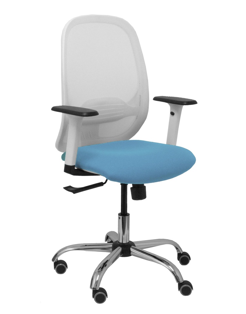 Silla Cilanco blanca malla blanca asiento bali azul brazo regulable base cromada ruedas de parqué