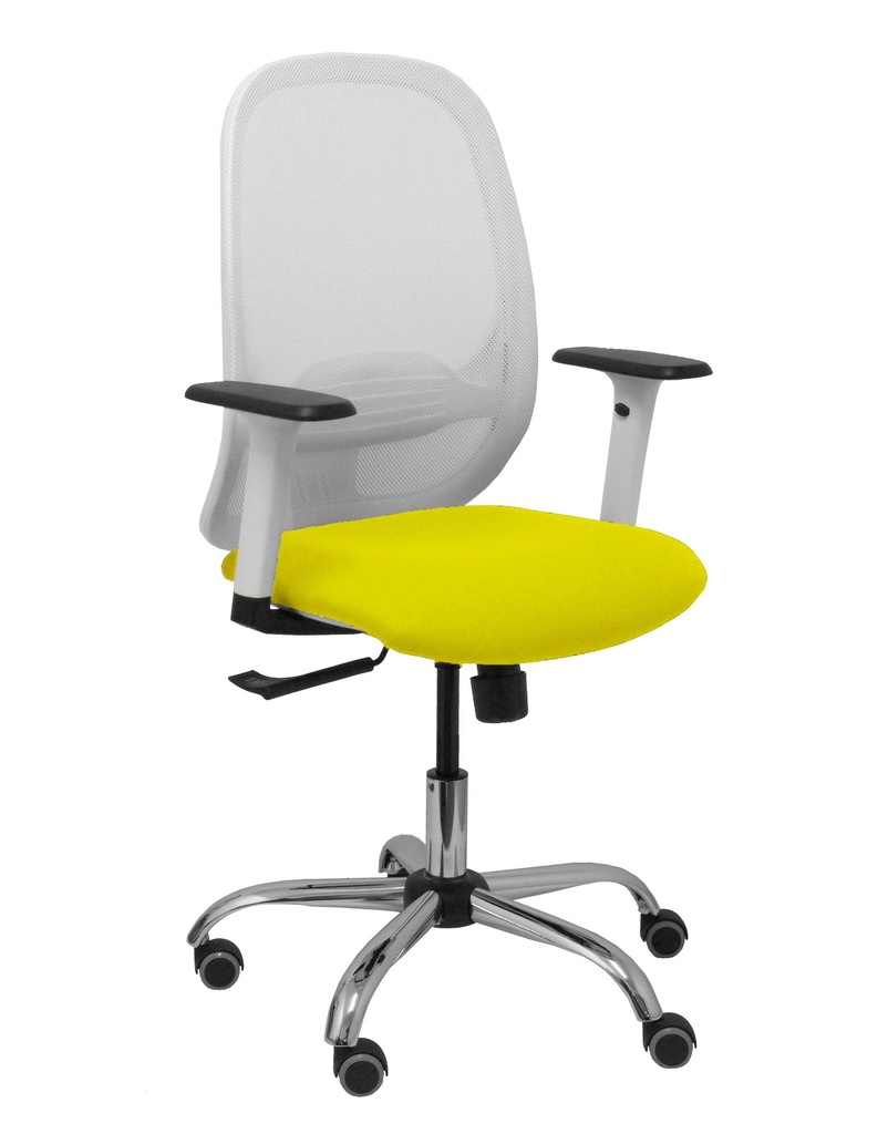 [354SBM10B100B354CRRP] Silla Cilanco blanca malla blanca asiento bali amarillo brazo regulable base cromada ruedas de parqué