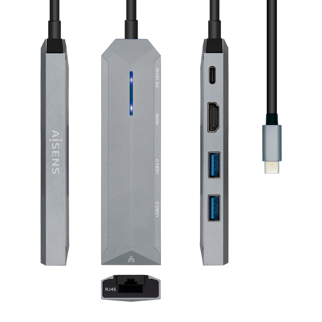 USB-C dock 5 en 1, USB-C a 1xHDMI, 1xRJ45, 2xUSB, 1xPD, Gris, 15 cm