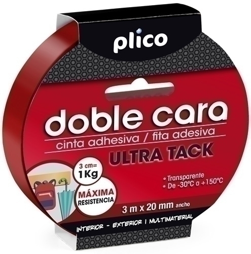 [13308] PLICO CINTA ADHESIVA TRANSPARENTE DOBLE CARA ULTRA TACK MULTIMATERIALES ROLLO 20MM X 3M