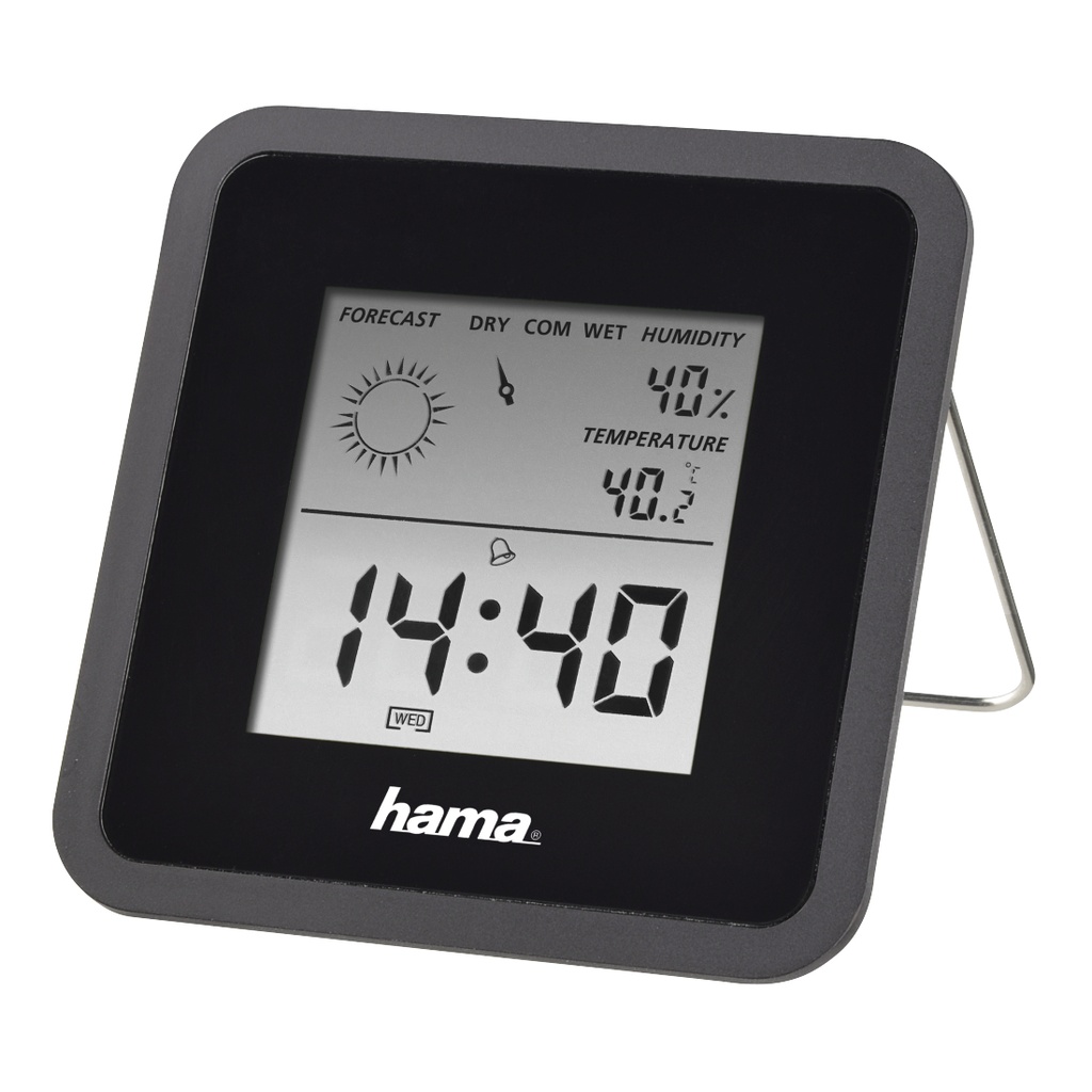 [00186370] Termómetro e Higrómetro Digital, con Reloj y Previsión Meteorológica (Control de Temperatura Digital con termómetro e higrómetro Medidor de Temperatura para Interior) Color Negro.