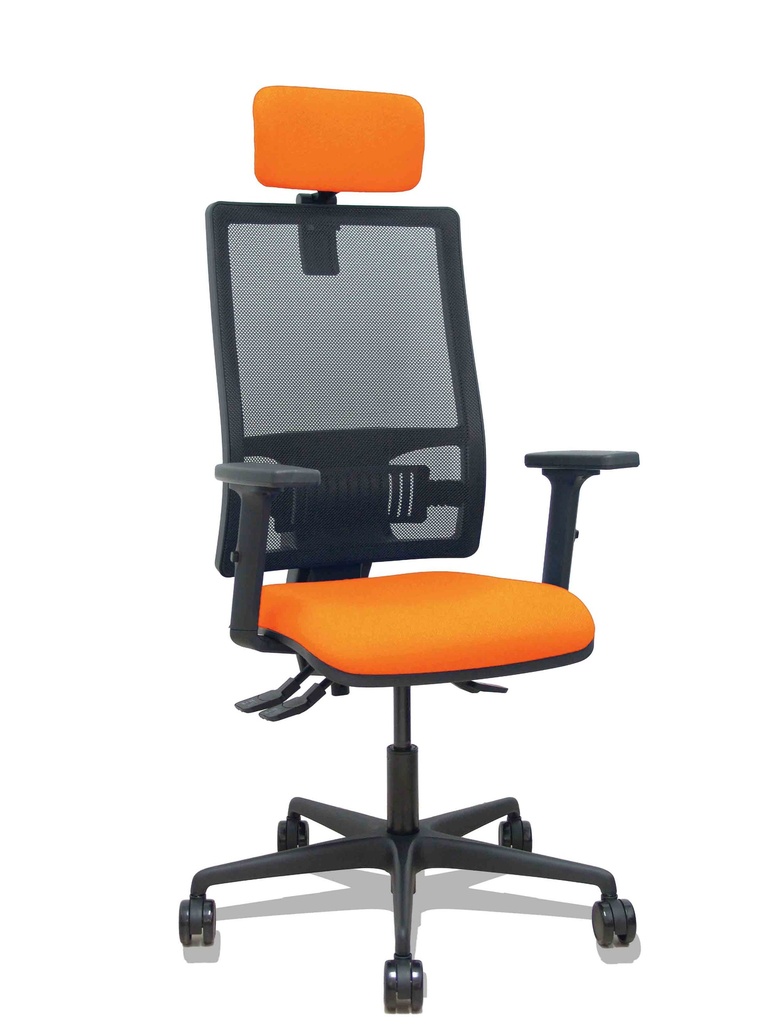 Silla Bormate asincro malla negra asiento bali naranja brazos 2D ruedas 65mm cabecero regulable