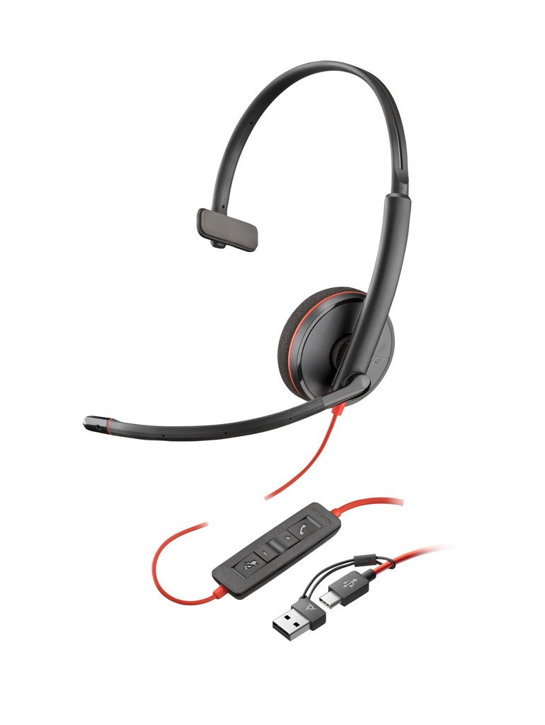 Auriculares Poly Blackwire 3210 monaural USB-C + adaptador USB-C/A (paquete)