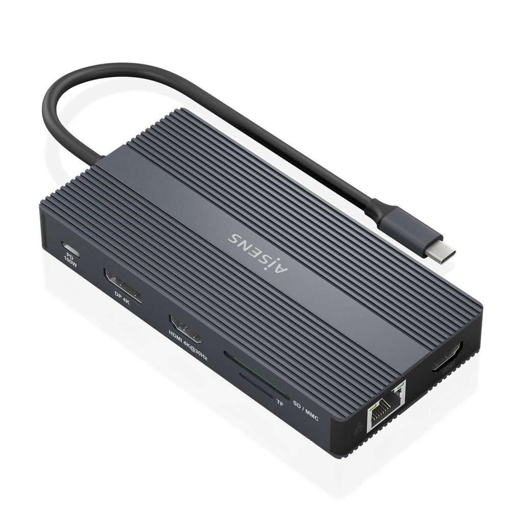 USB-C Dock 12 En 1, USB-C a 2xHDMI, 1xDisplayport, 1xRJ45, 4xUSB-A, 1xUSB-C, 1xUSB-C PD, 1xSD, 1xMicro SD, Gris, 20cm