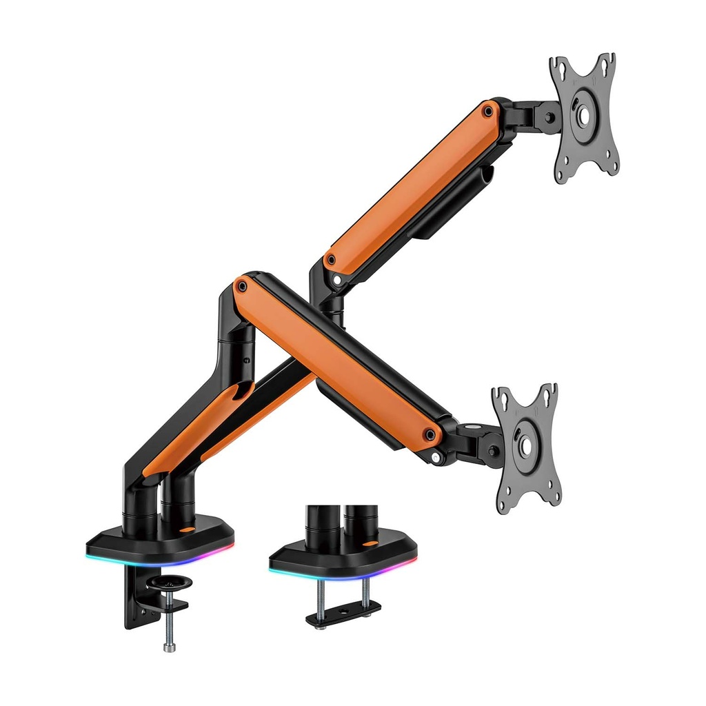 [DT32TSR-251] Soporte de Mesa RGB Gaming contrapeso giratorio e inclinable para Monitor/TV 9Kg (3 Pivotes, 2 Brazos) de 17-32, Negro-Naranja