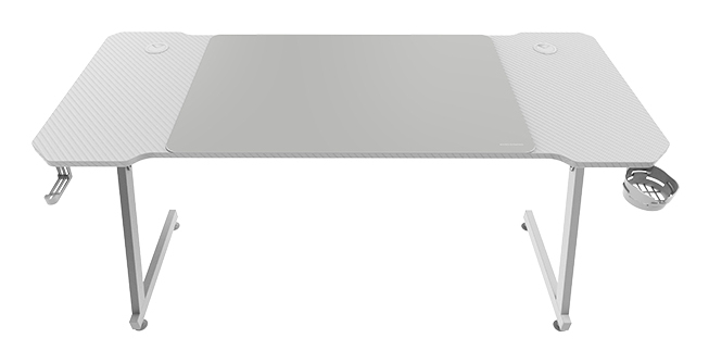 [MGDX140W] MGD-X140, Mesa Gaming Ergonómica, Superficie en Fibra de Carbono, Estructura Metálica, Alfombrilla XXL, Soporte Auriculares y Bebida, Gestión Cableado, Escritorio PC 140x60cm, Blanco