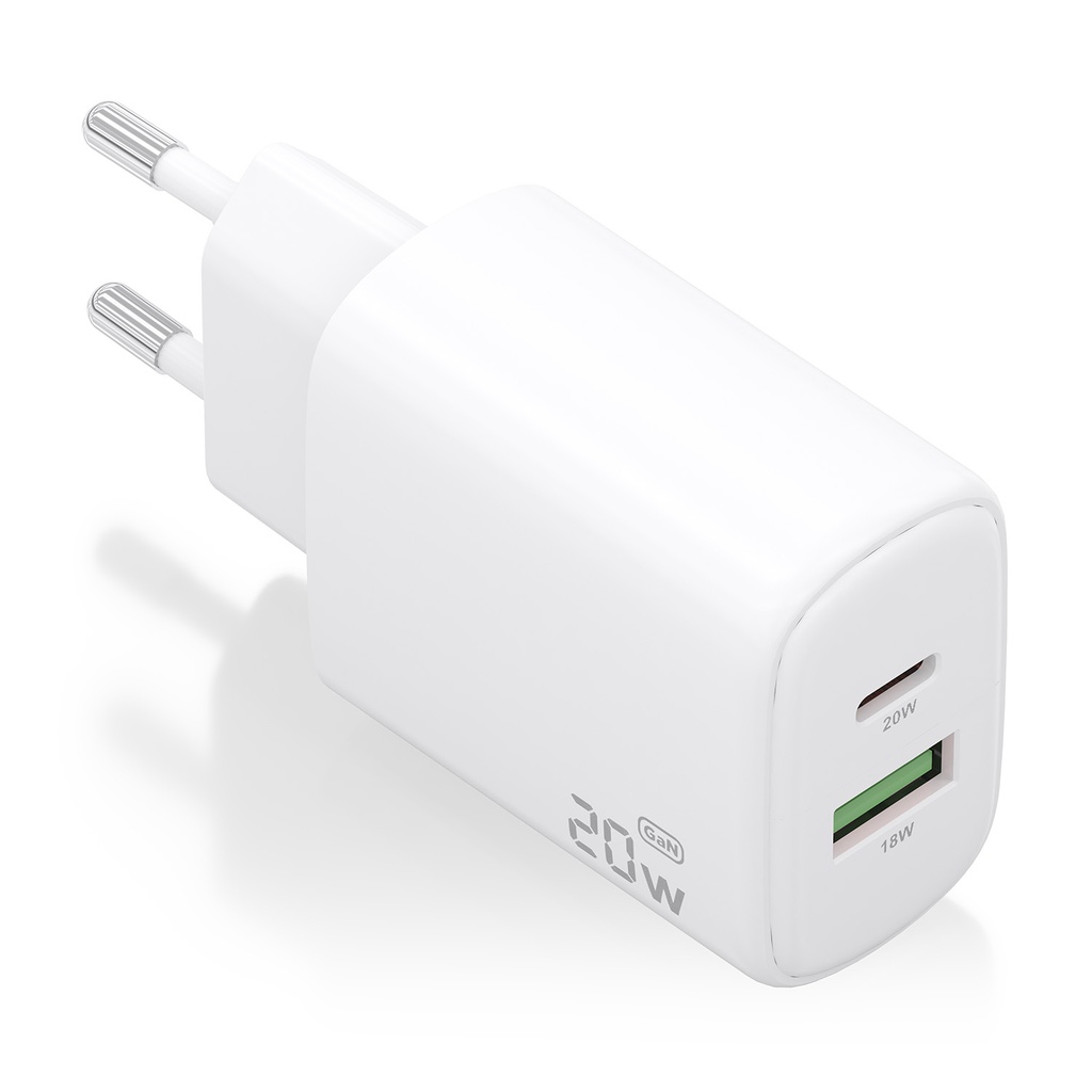 Cargador GaN 20W, 1xUSB-C PD3.0, 1xUSB-A QC3.0, Blanco