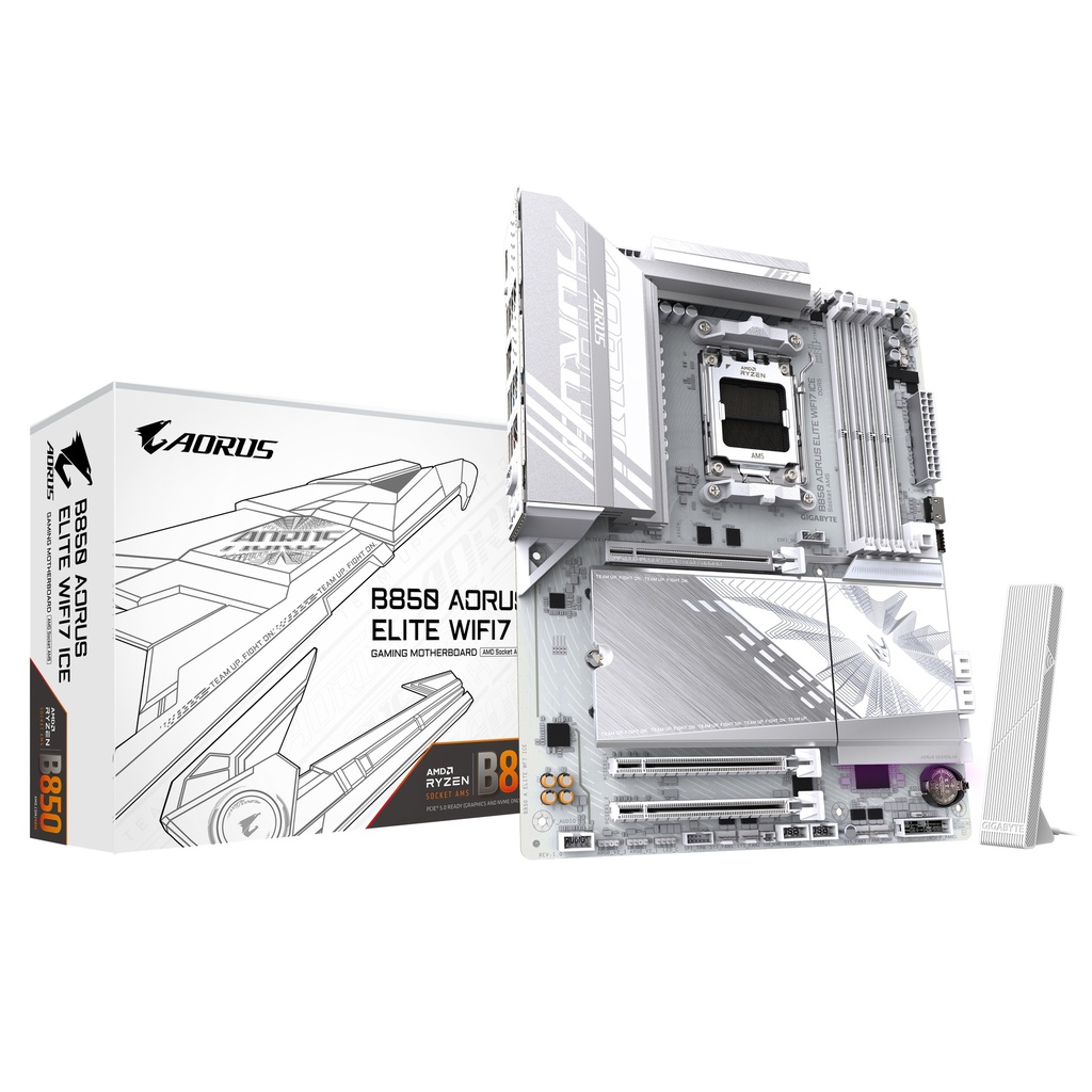 B850 AORUS ELITE WIFI7 ICE Placa Base - Procesadores AMD Ryzen Serie 9000, VRM digital de 14+2+2 fases, hasta 8200MHz DDR5 (OC), 1xPCIe 5.0 + 2xPCIe 4.0 M.2, LAN 2.5, WIFI 7, USB 3.2 Gen 2x2